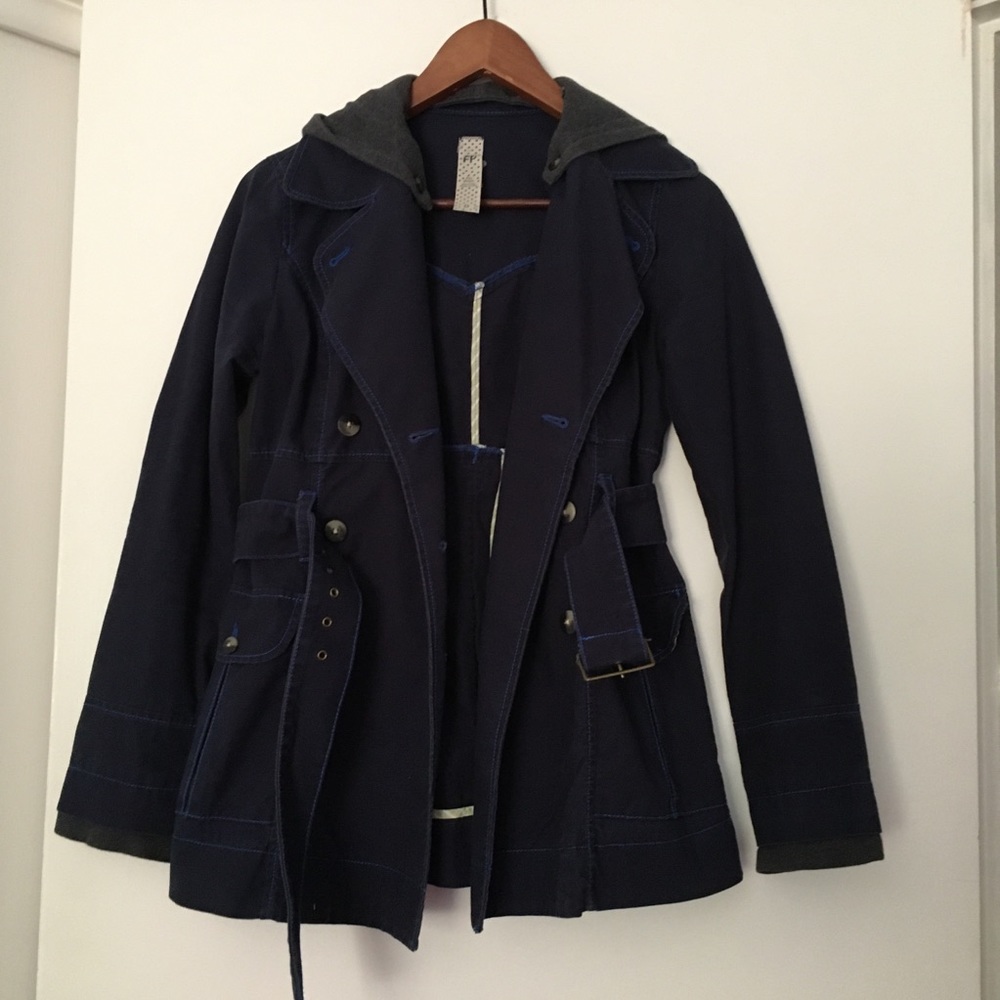 Free People Belted Navy Blue Rain Jacket